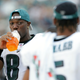 Receiver Terrell Owens speaks with quarterback Donovan McNabb of the Philadelphia Eagles while on the sidelines during the second half of the game against the San Francisco 49ers on September 18, 2005 at Lincoln Financial Field in Philadelphia Pennsylvania.